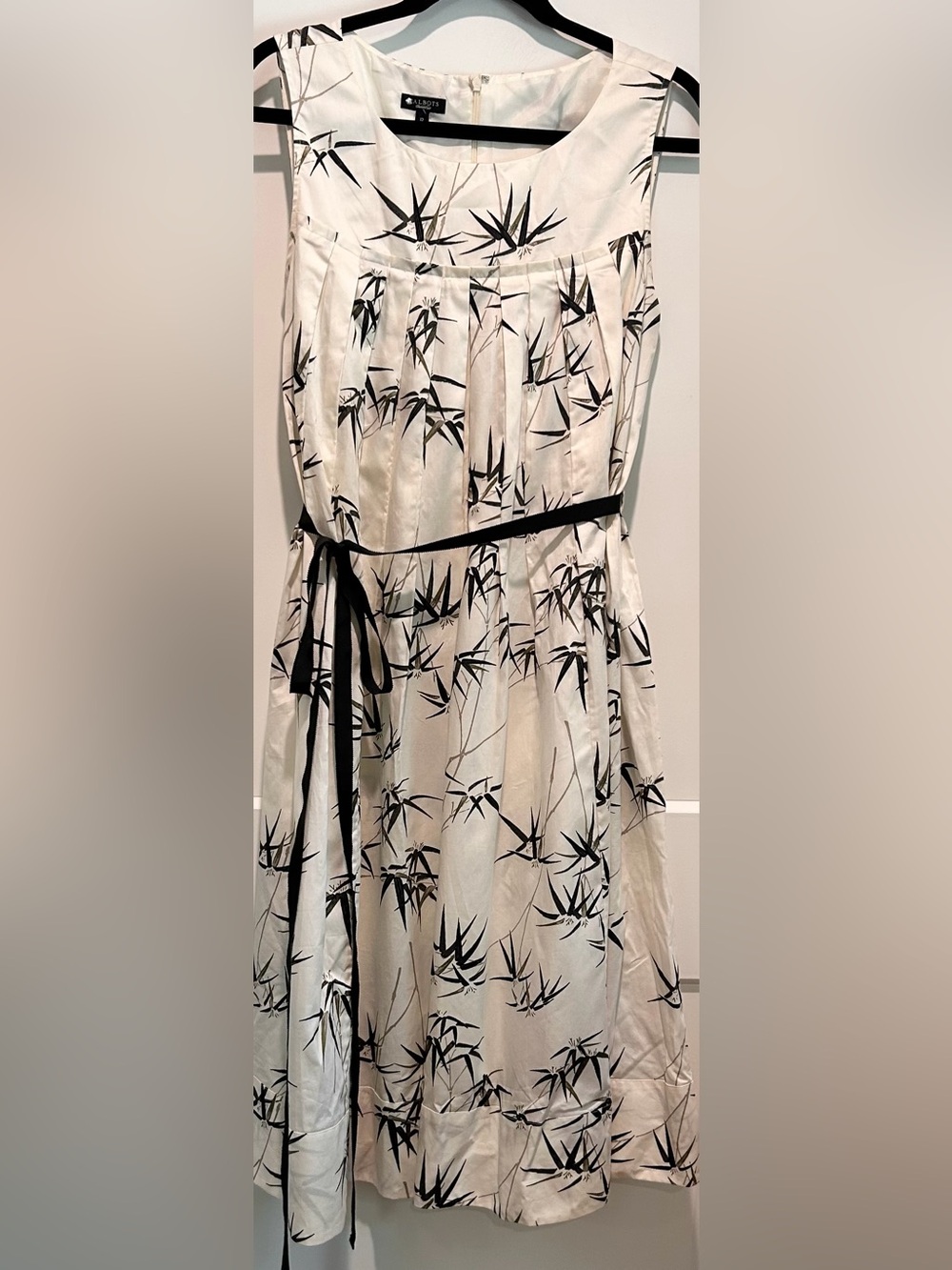 Talbots Ivory Midi Dress with Black Floral Print and Black Ribbon - Picture 3 of 9